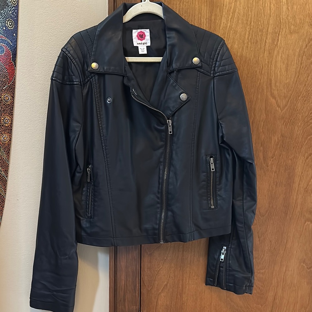 total girl Black Moto Jacket with Asymmetrical Zipper and Long Sleeves